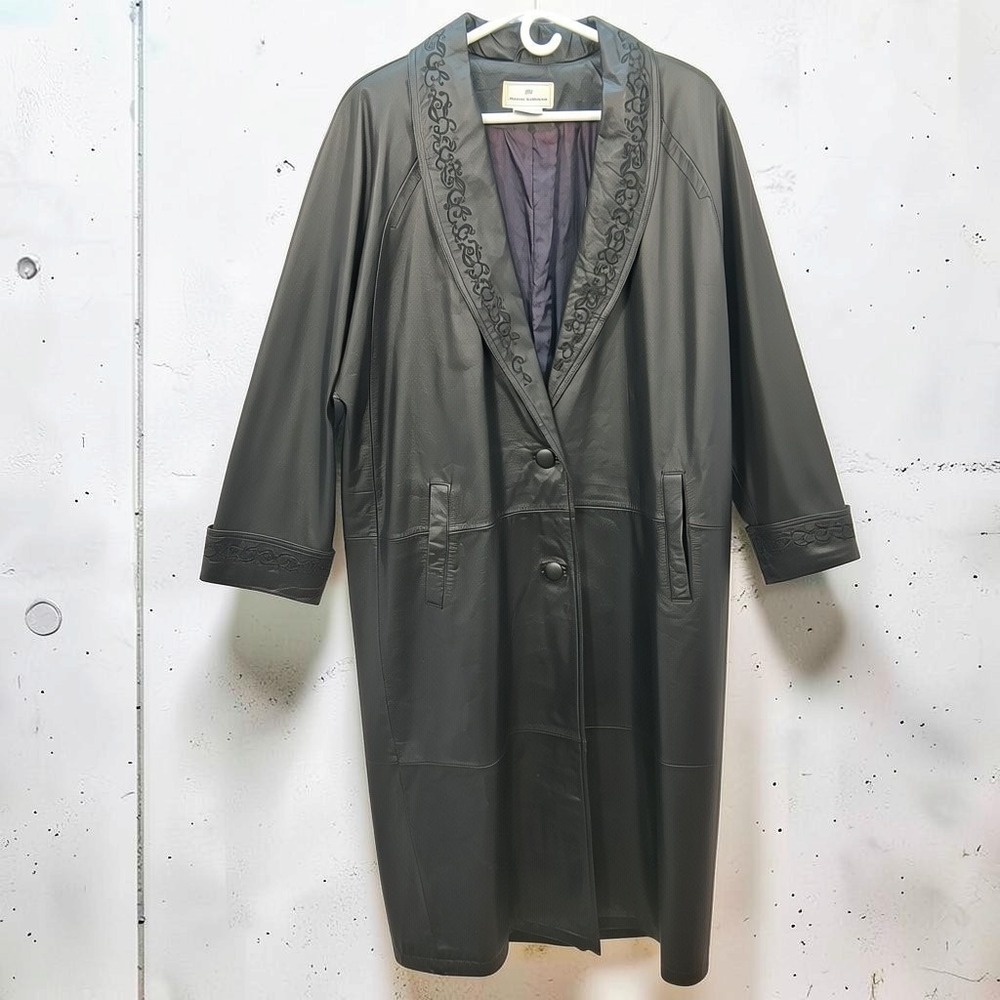 VTG Maggie Lawrence Womens Large 100 Leather Trench Coat Embroidered Long Jacket